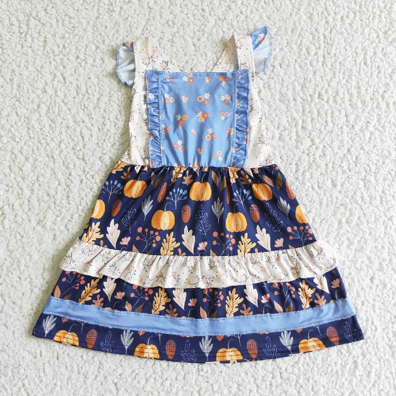 Simple Looks GSD0123 Halloween Pumpkin Floral Blue Patchwork Girls Short Sleeve Dresses