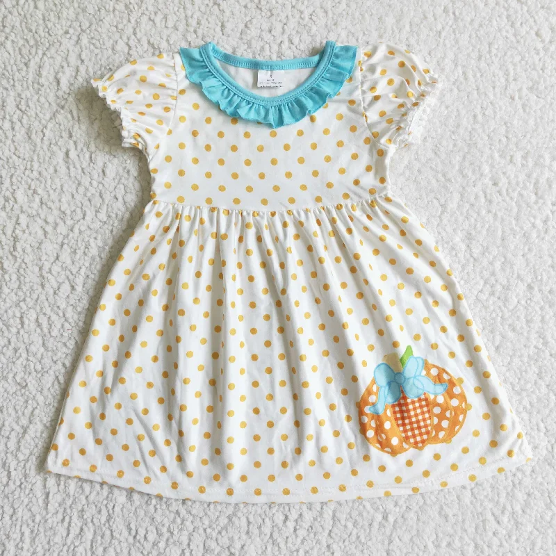 Casual Comfort GSD0116 Halloween Blue Dots Pumpkin Girls Short Sleeve Dresses