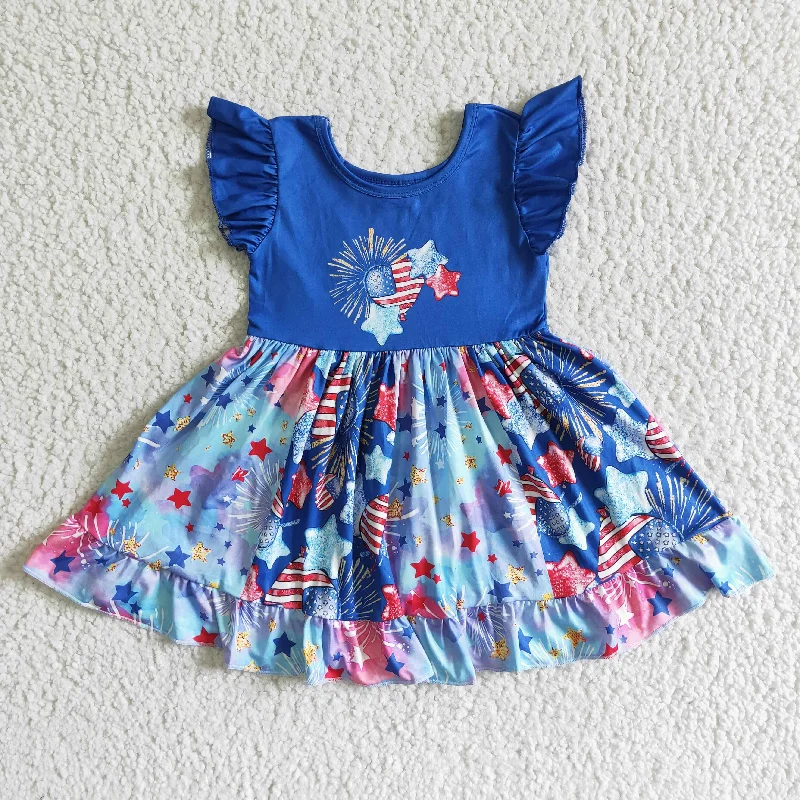 Bottom And Versatile GSD0070 4th Of July Blue Starts Patchwork Girls Flutter Sleeve Dresses Bottom And Versatile GSD0070 4th Of July Blue Starts Patchwork Girls Flutter Sleeve Dresses
