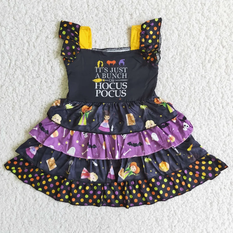 Stylish Ease C3-23 Halloween Witch Cartoon Ruffles Patchwork Girls Short Sleeve Dresses