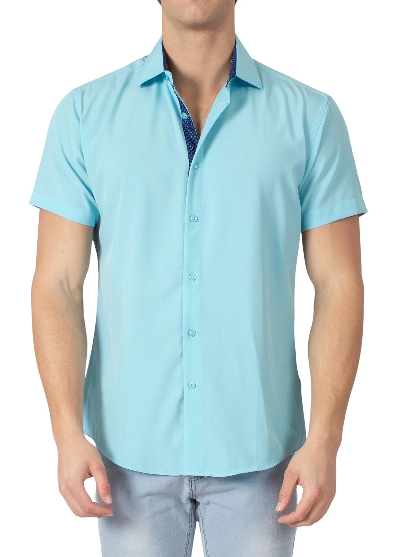 Exclusive Customization Bespoke Stretch Fabric Short Sleeve Shirt - Turquoise