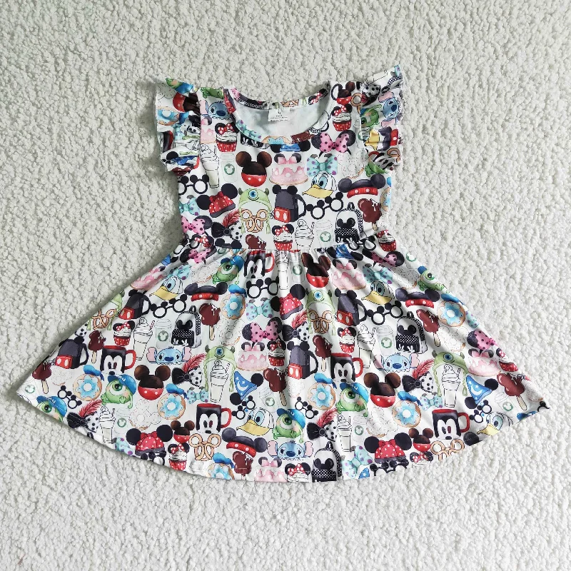 Easygoing Outfits Clearance B12-11 Pink Cartoon Girls Flutter Sleeve Dresses