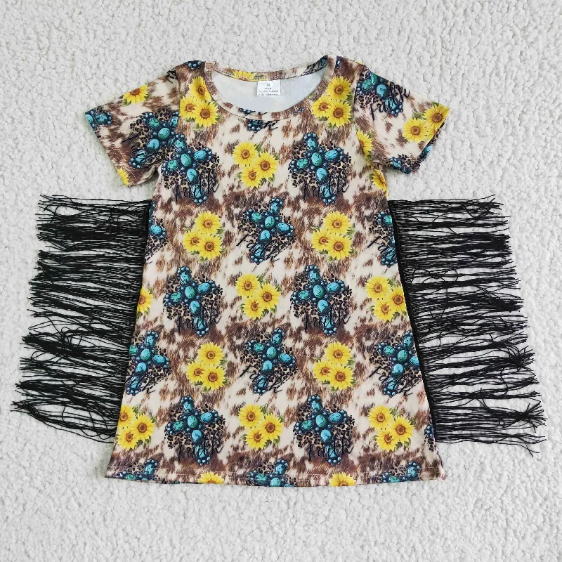 Elegant And Lazy GSD0056 Blue Leopard Yellow Sunflower Tassel Girls Short Sleeve Dresses Elegant And Lazy GSD0056 Blue Leopard Yellow Sunflower Tassel Girls Short Sleeve Dresses