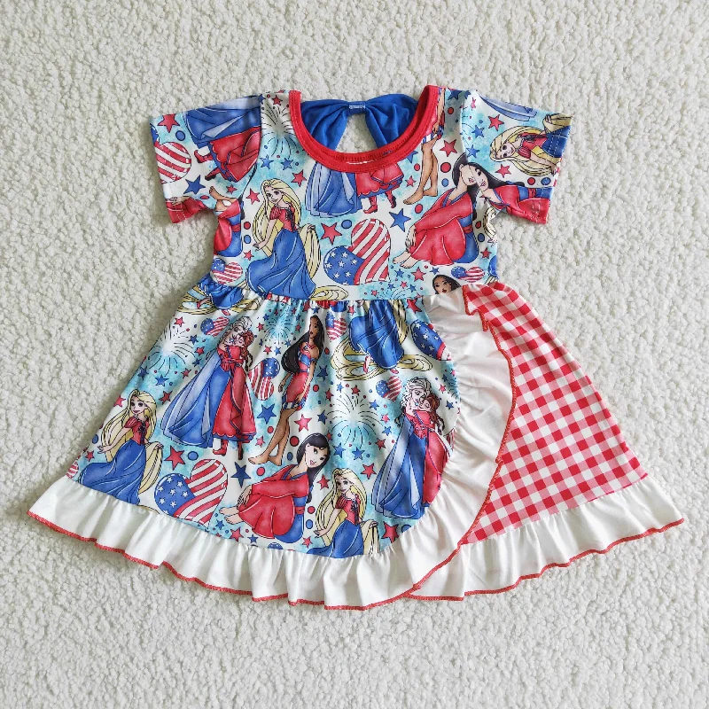 Creative Prints GSD0028 4th Of July Princess Cartoon Red Plaid Blue Girls Short Sleeve Dresses Creative Prints GSD0028 4th Of July Princess Cartoon Red Plaid Blue Girls Short Sleeve Dresses