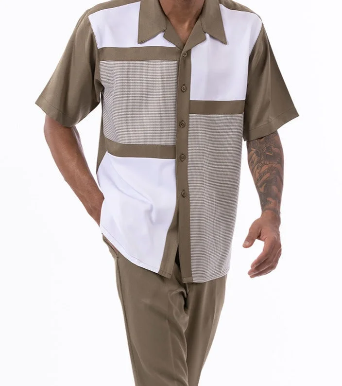 Integrated Design Olive Color Block Walking Suit 2 Piece Short Sleeve Set
