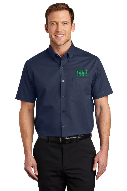 Elegant Temperament Port Authority Tall Short Sleeve Custom Easy Care Shirts, Navy/ Light Stone Elegant Temperament Port Authority Tall Short Sleeve Custom Easy Care Shirts, Navy/ Light Stone