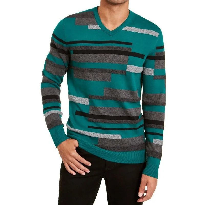 Celebrity Style Alfani Men's Textured Striped V-Neck Sweater Green Size Small