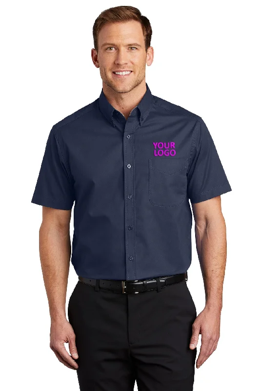Mid-length Style Port Authority Short Sleeve Easy Care Custom Shirts, Navy/Light Stone Mid-length Style Port Authority Short Sleeve Easy Care Custom Shirts, Navy/Light Stone