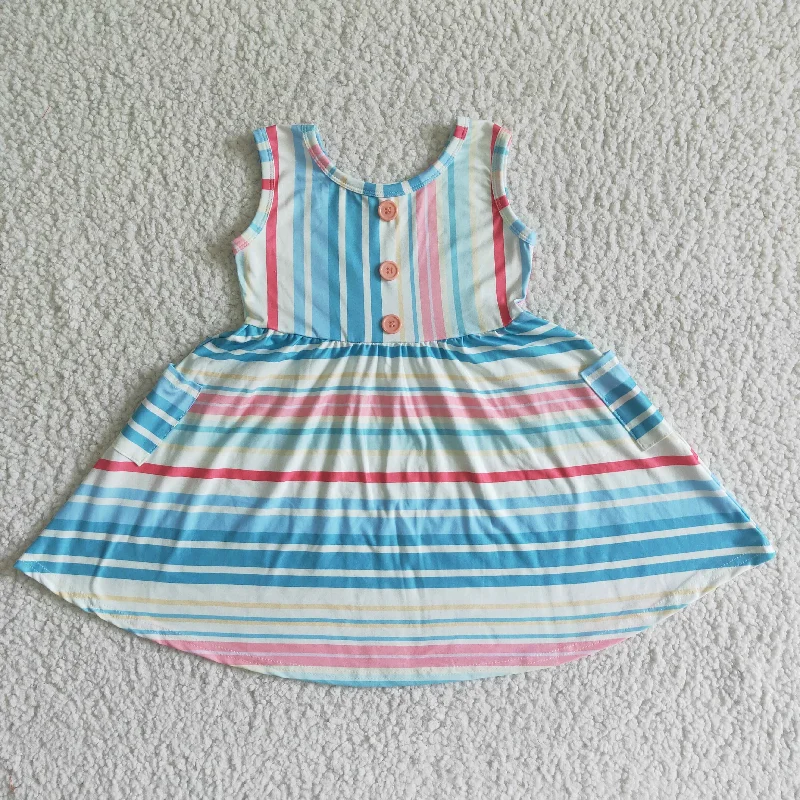 Elegant Style GSD0030 Pink Blue Stripes Girls Sleeveless Dresses