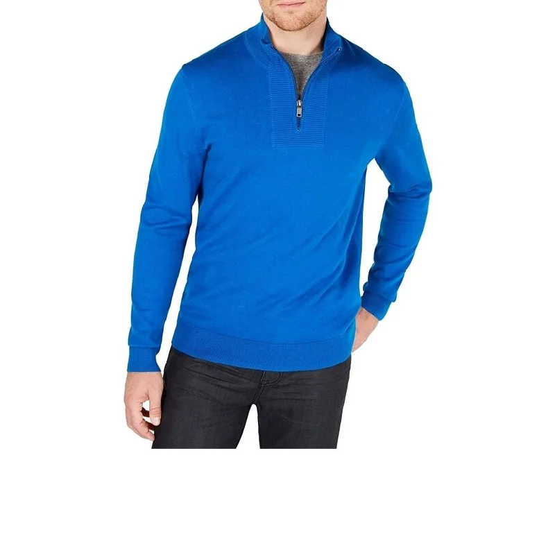 Loose Fit Alfani Men's Quarter-Zip Ribbed Placket Sweater Blue Size XL