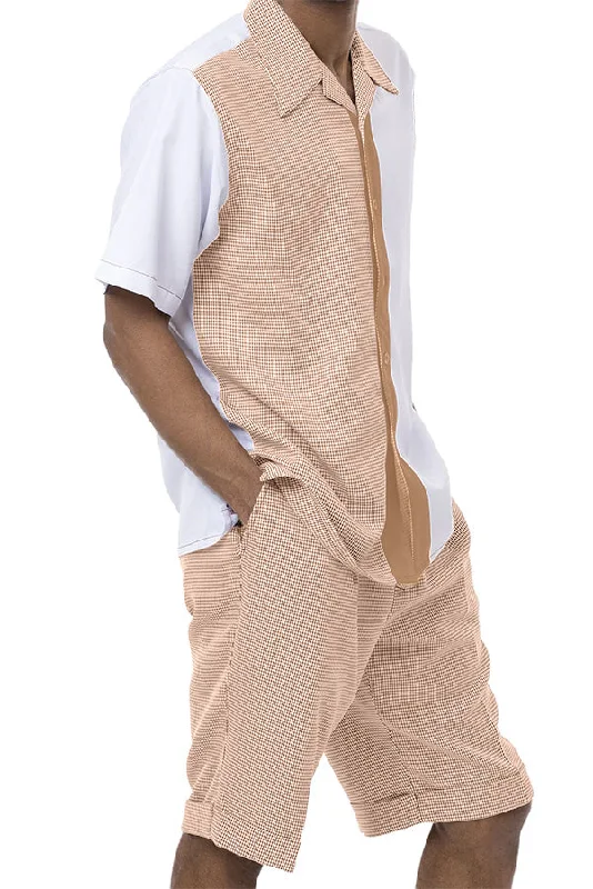 Street Fashion Tan Houndstooth 2 Piece Short Sleeve Walking Suit Set with Shorts