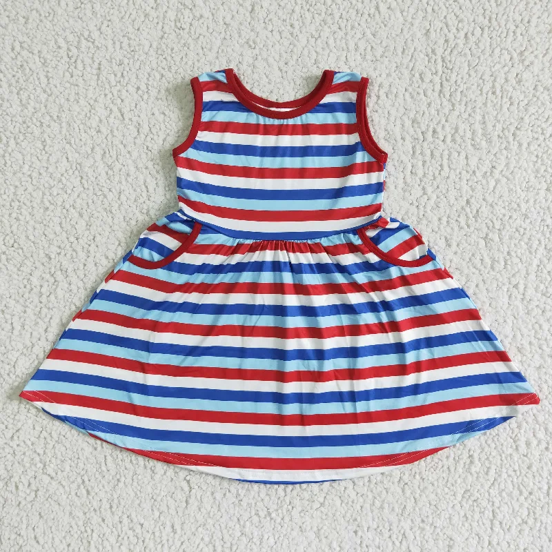 British Fashion A1-13-2 4th Of July Red Blue Stripes Girls Sleeveless Dresses
