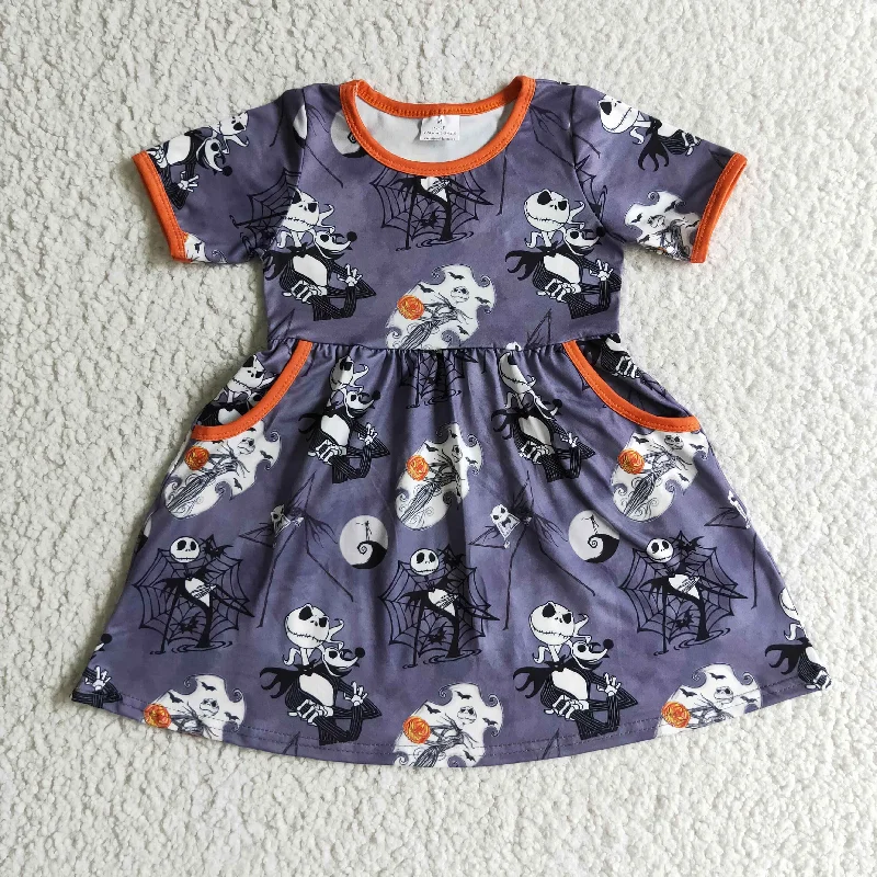 Casual Chic Wear GSD0149 Halloween Pumpkin Orange Ghost Cartoon Pockets Girls Short Sleeve Dresses