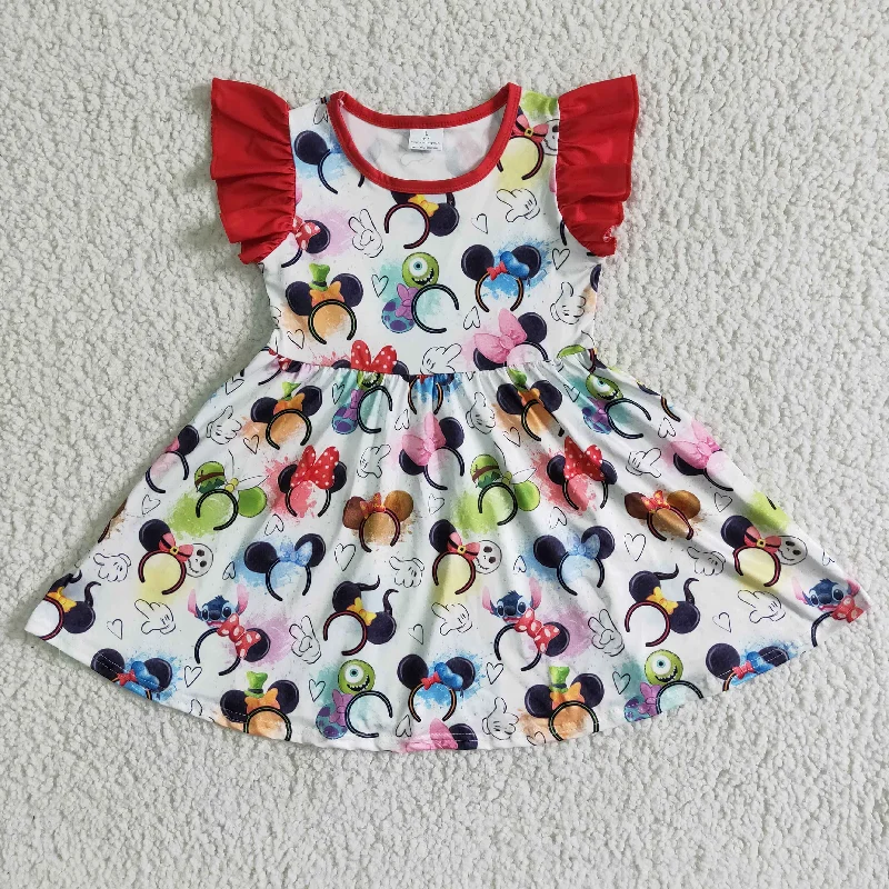 Classic And Versatile GSD0011 Red Cartoon Girls Flutter Sleeve Dresses
