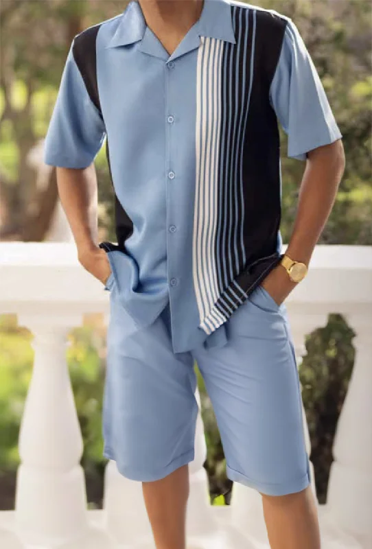 Elegant Outline Carolina Blue Vertical Stripe Walking Suit 2 Piece Set Short Sleeve Shirt with Shorts Elegant Outline Carolina Blue Vertical Stripe Walking Suit 2 Piece Set Short Sleeve Shirt with Shorts