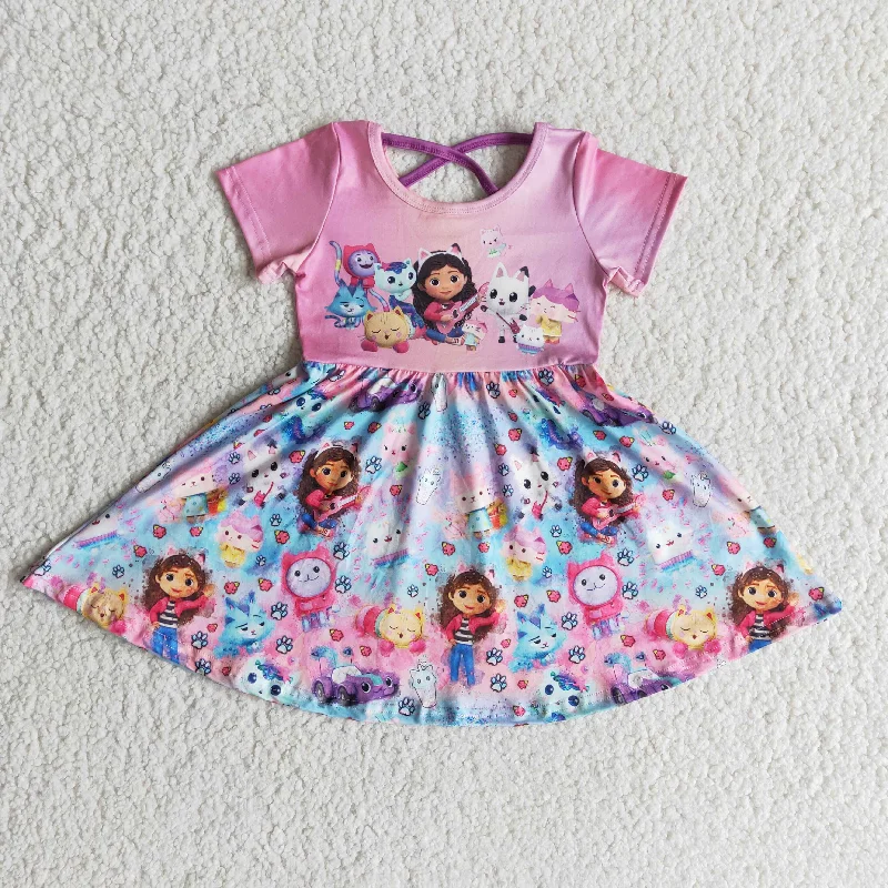 Simple Solid Color Clearance B1-3 Pink Purple Cartoon Girls Short Sleeve Dresses