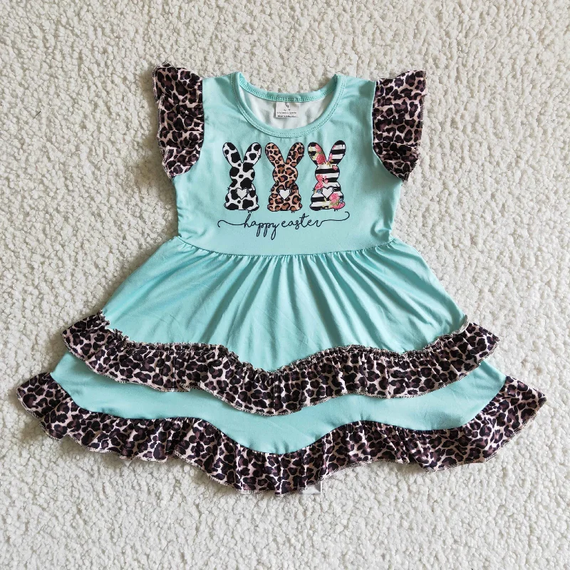 Practical Style EC0006 Easter Rabbits Blue Leopard Ruffles Girls Flutter Sleeve Dresses