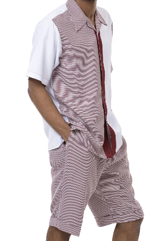 Fashion Pioneer Burgundy Houndstooth 2 Piece Short Sleeve Walking Suit Set with Shorts Fashion Pioneer Burgundy Houndstooth 2 Piece Short Sleeve Walking Suit Set with Shorts