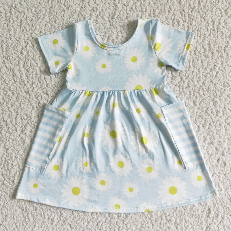 Loose Fit GSD0096 Blue Stripes Floral Pockets Girls Short Sleeve Dresses