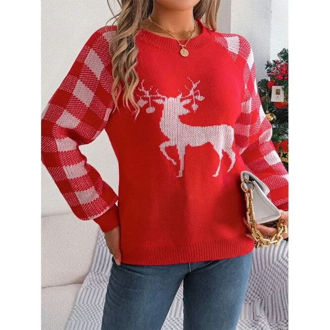 Casual Plaid Deer Long Sleeve Pullover Sweater Christmas