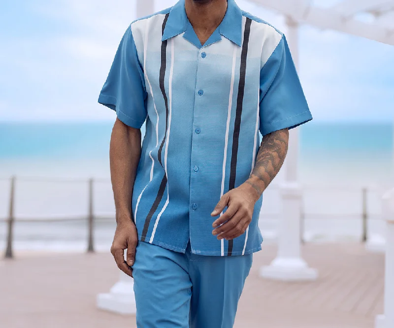Soft Fashion Light Blue Gradient Color with Stripes Walking Suit 2 Piece Short Sleeve Set Soft Fashion Light Blue Gradient Color with Stripes Walking Suit 2 Piece Short Sleeve Set