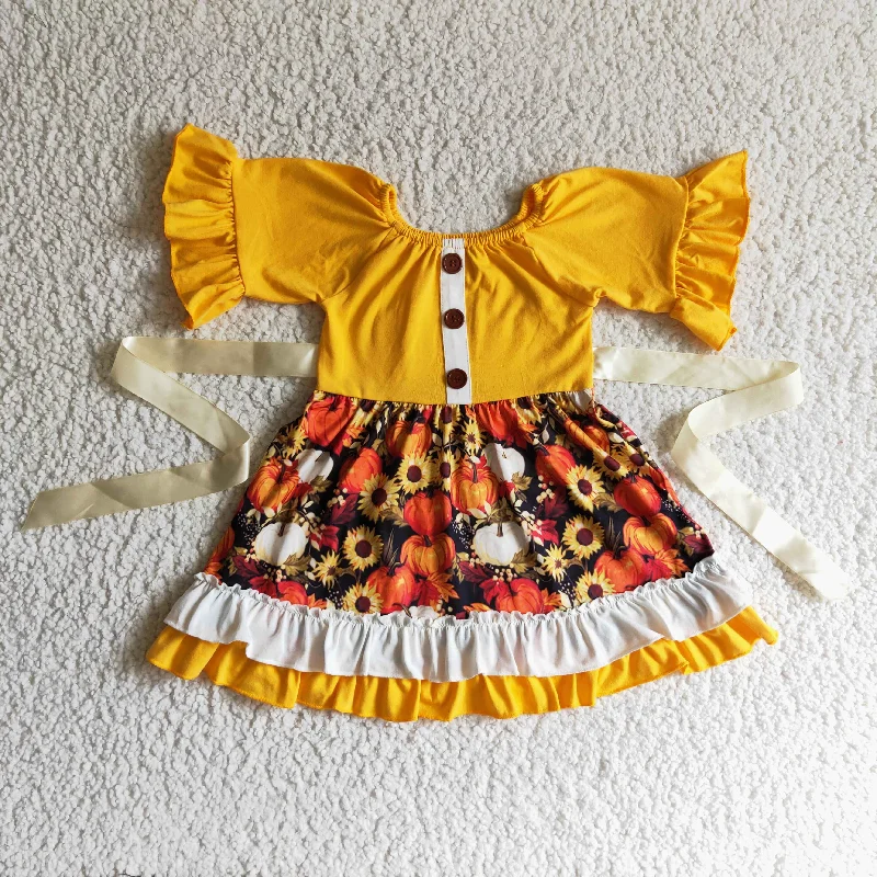 Layered Style GSD0144 Halloween Pumpkin Orange Yellow Sunflower Belt Girls Short Sleeve Dresses Layered Style GSD0144 Halloween Pumpkin Orange Yellow Sunflower Belt Girls Short Sleeve Dresses
