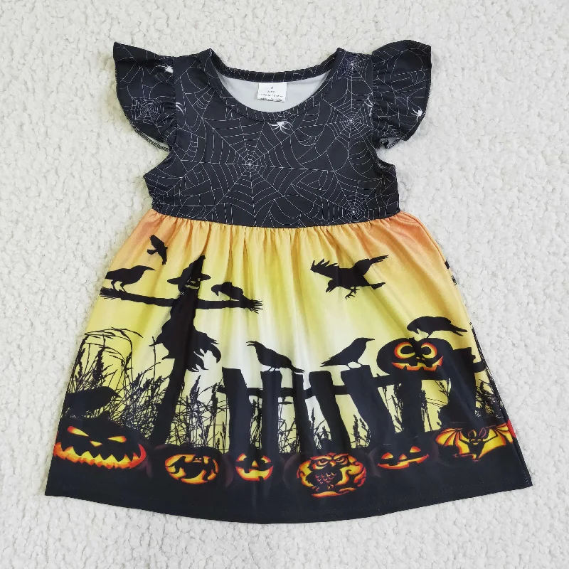 Simple Comfort GSD0118 Halloween Pumpkin Black Yellow Bat Girls Short Sleeve Dresses Simple Comfort GSD0118 Halloween Pumpkin Black Yellow Bat Girls Short Sleeve Dresses
