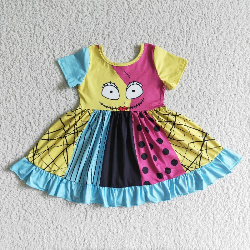 Elegant Fit GSD0130 Halloween Cartoon Yellow Blue Girls Short Sleeve Dresses