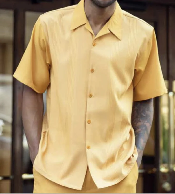 Romantic Temperament Gold Tone on Tone Vertical Stripes Walking Suit 2 Piece Short Sleeve Set