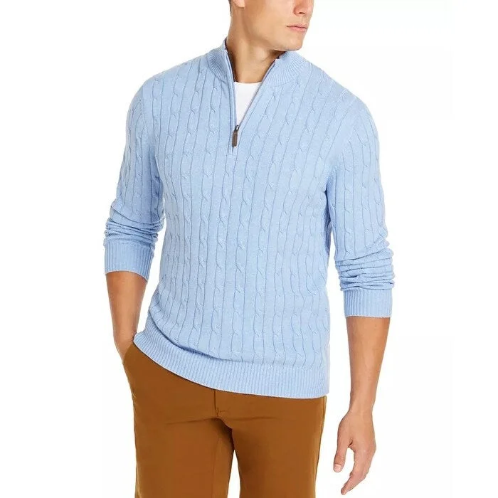 Fashion Concept Club Room Men's Pima Cable Quarter Zip Sweater Blue Size Small