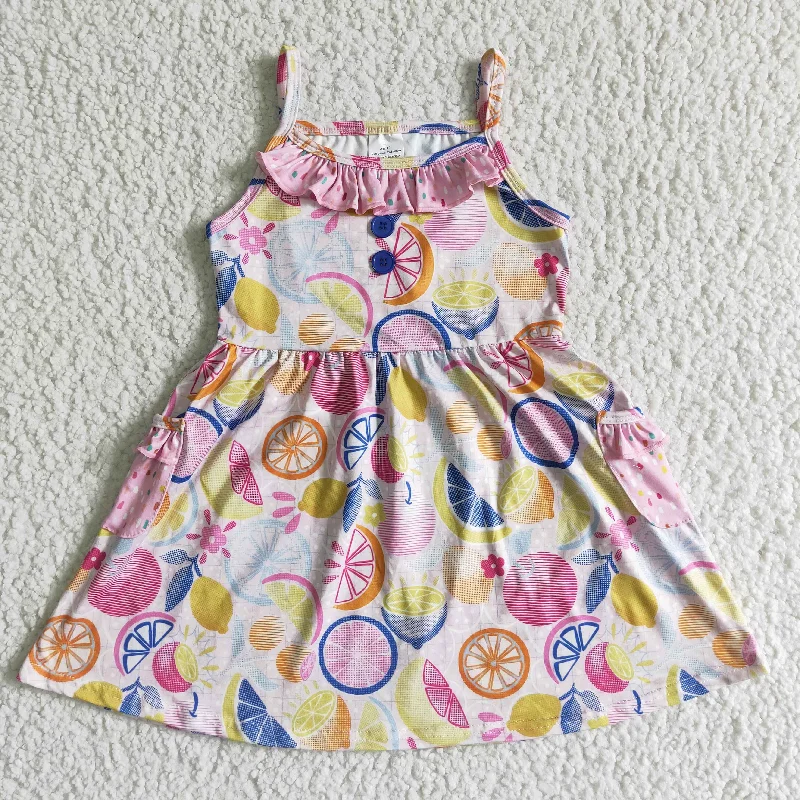 Embroidery Design Clearance GSD0026 Pink Lemon Fruits Girls Short Sleeve Dresses