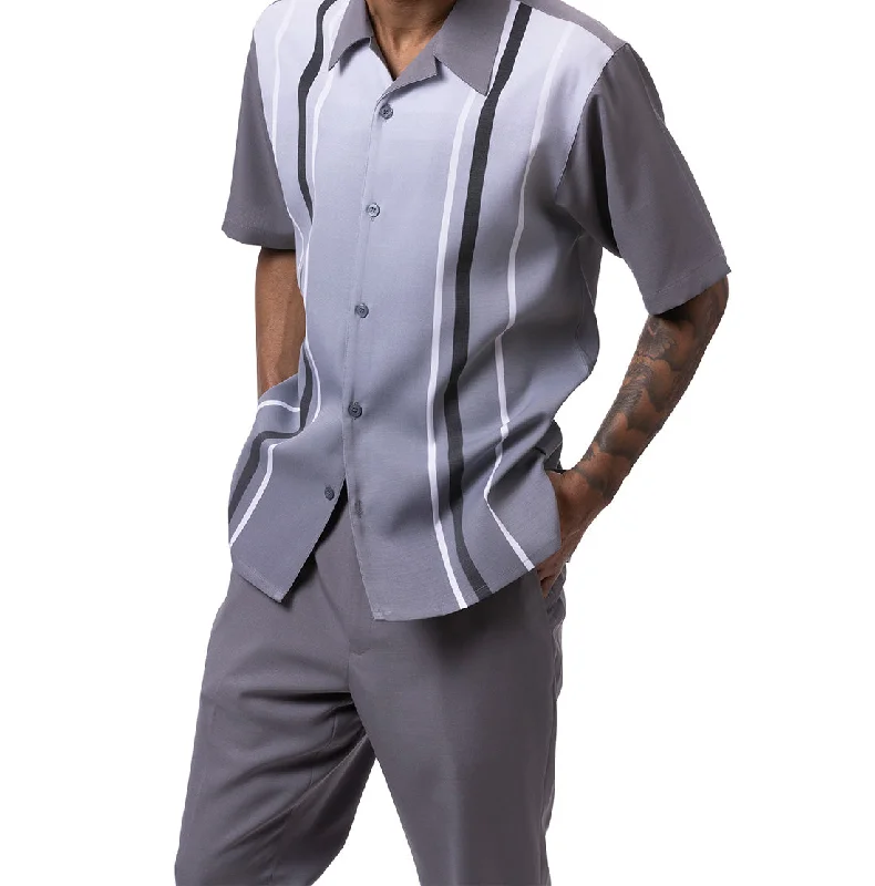 Classic Style Gray Gradient Color with Stripes Walking Suit 2 Piece Short Sleeve Set Classic Style Gray Gradient Color with Stripes Walking Suit 2 Piece Short Sleeve Set