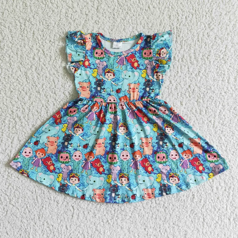 Modern City Clearance B14-11 Blue Cartoon Girls Flutter Sleeve Dresses