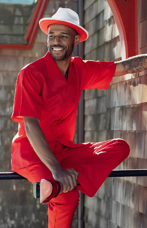 Luxury Customization Red Walking Suit Tone on Tone Vertical Stripes 2 Piece Short Sleeve Set Luxury Customization Red Walking Suit Tone on Tone Vertical Stripes 2 Piece Short Sleeve Set