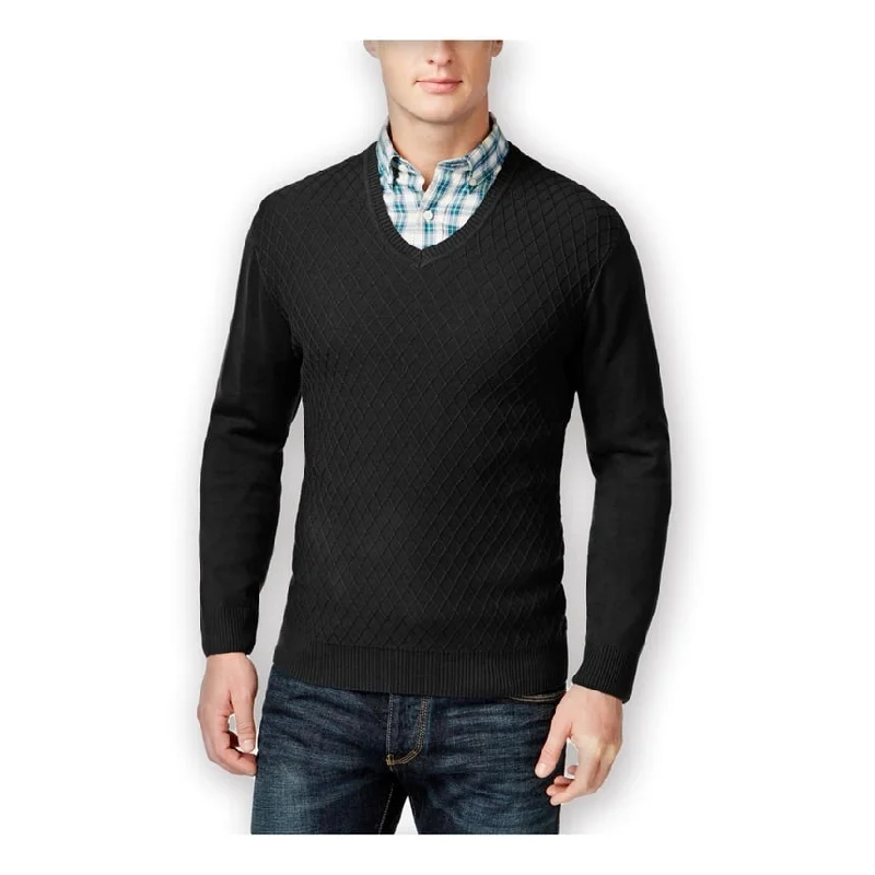 Club Room Mens Diamond-Knit V Neck Pullover Sweater, Black, Small