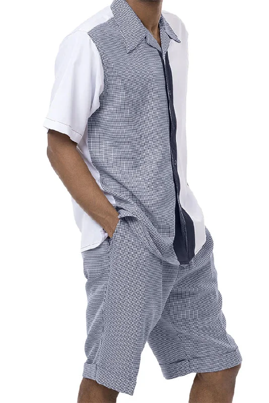 Dressing Tips Navy Houndstooth 2 Piece Short Sleeve Walking Suit Set with Shorts