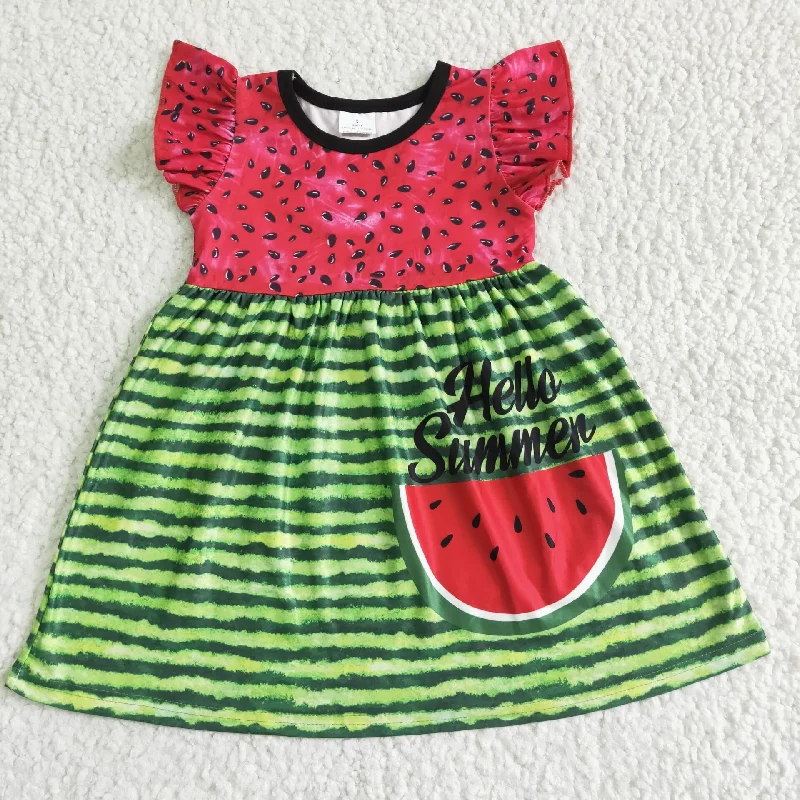 Casual Street GSD0034 Red Green Stripes Hello Summer Watermelon Girls Flutter Sleeve Dresses Casual Street GSD0034 Red Green Stripes Hello Summer Watermelon Girls Flutter Sleeve Dresses