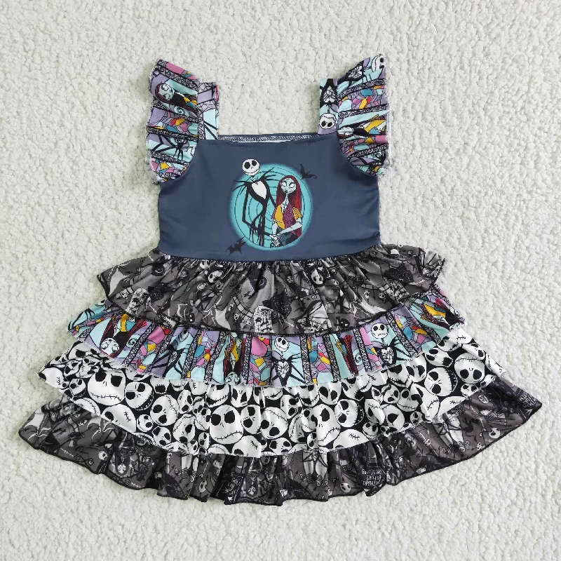 Body Design A3-23 Halloween Black Cartoon Girls Flutter Sleeve Ruffles Dresses