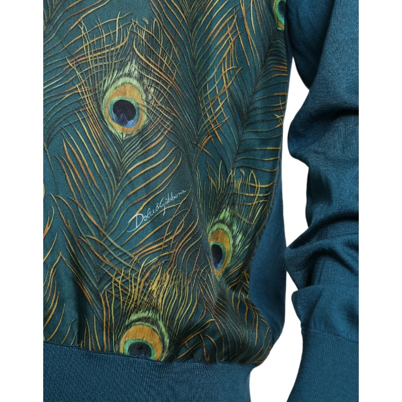 Dolce & Gabbana Silk V-Neck Peacock Feather Men's Sweater