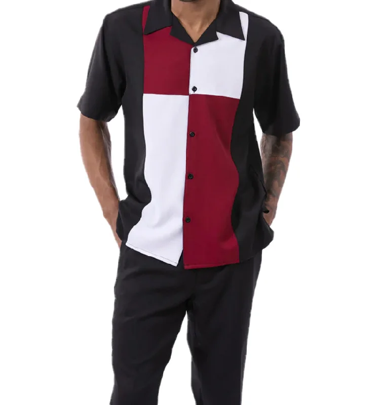 Elegant Series Burgundy Color Block Walking Suit 2 Piece Short Sleeve Set