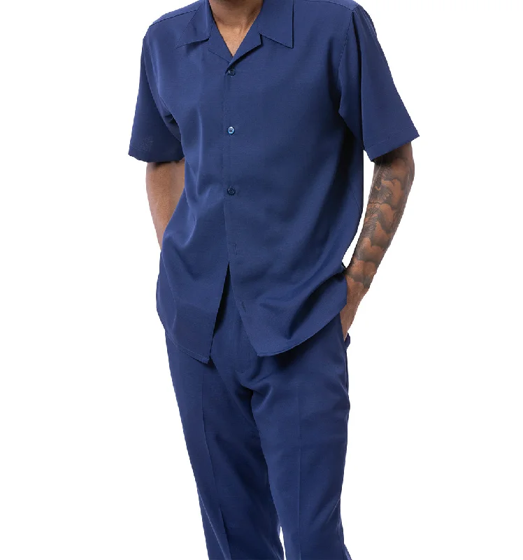 Youthful Style Solid Navy Walking Suit 2 Piece Short Sleeve Set