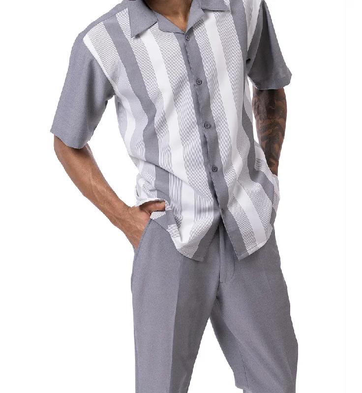 Exquisite Tailoring Gray Vertical Stripes Walking Suit 2 Piece Short Sleeve Set