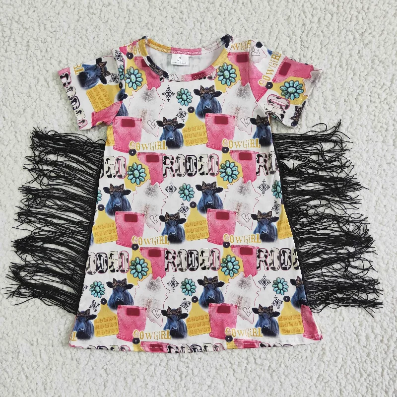 Noble Temperament GSD0090 Pink Rodeo Cowgirl Highland Cows Tassel Girls Short Sleeve Dresses