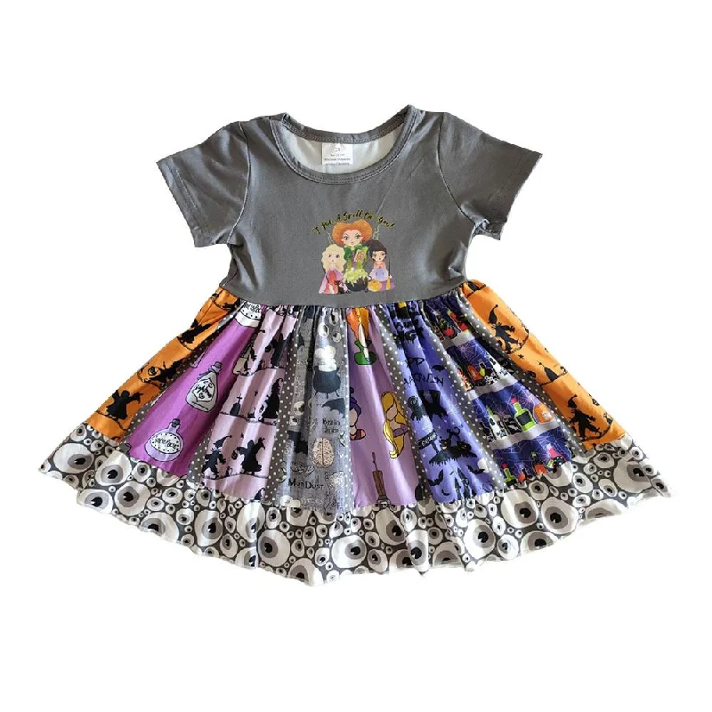 Casual Chic Outfits C1-24 Halloween Witch Cartoon Patchwork Girls Short Sleeve Dresses