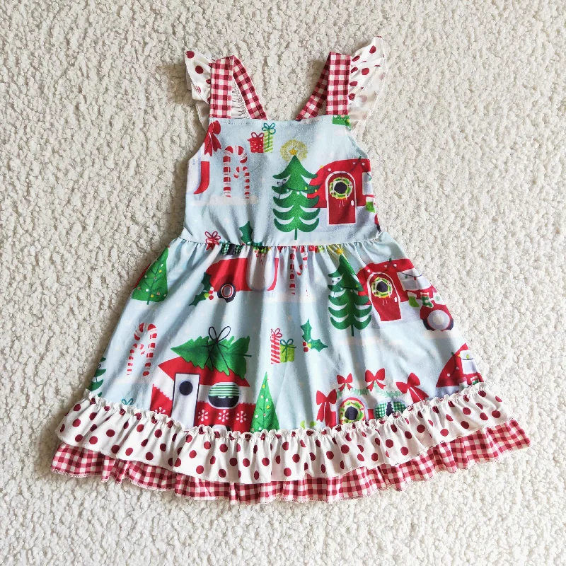 Comfy Pants GSD0145 Christmas Red Green Tree Ruffles Girls Short Sleeve Dresses