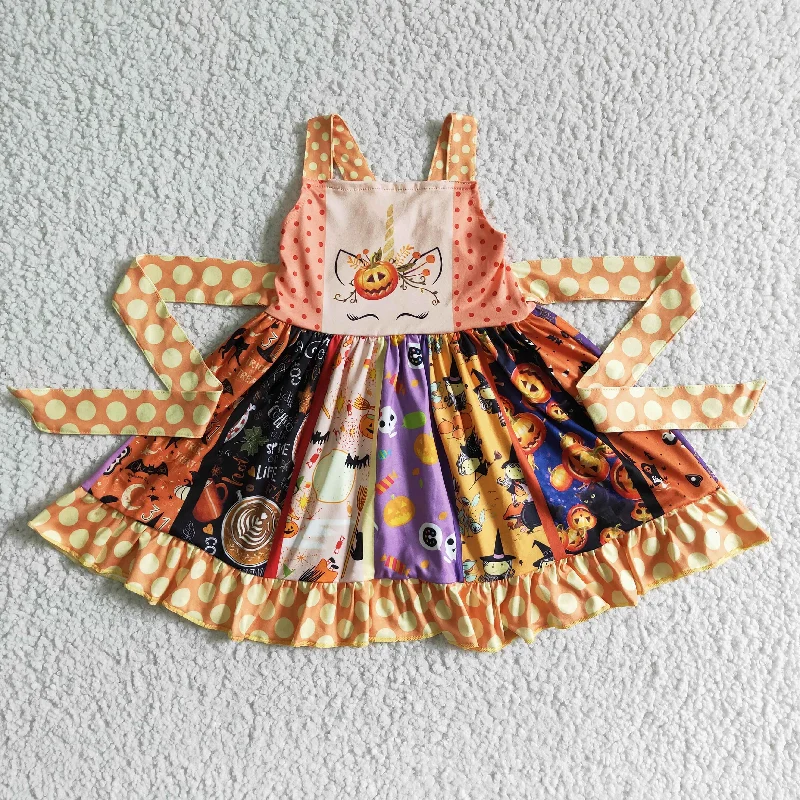 Sweet Girl B18-11 Halloween Pumpkin Cartoon Orange Girls Belt Patchwork Sleeveless Dresses Sweet Girl B18-11 Halloween Pumpkin Cartoon Orange Girls Belt Patchwork Sleeveless Dresses