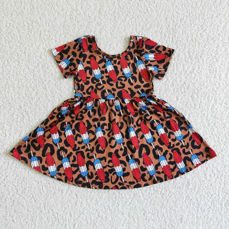 Versatile Items GSD0063 4th Of July Red Blue Ice Leopard Girls Short Sleeve Dresses