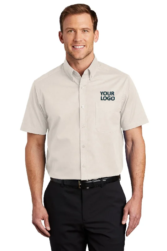 Embroidered Letters Port Authority Tall Short Sleeve Custom Easy Care Shirts, Light Stone/ Classic Navy Embroidered Letters Port Authority Tall Short Sleeve Custom Easy Care Shirts, Light Stone/ Classic Navy