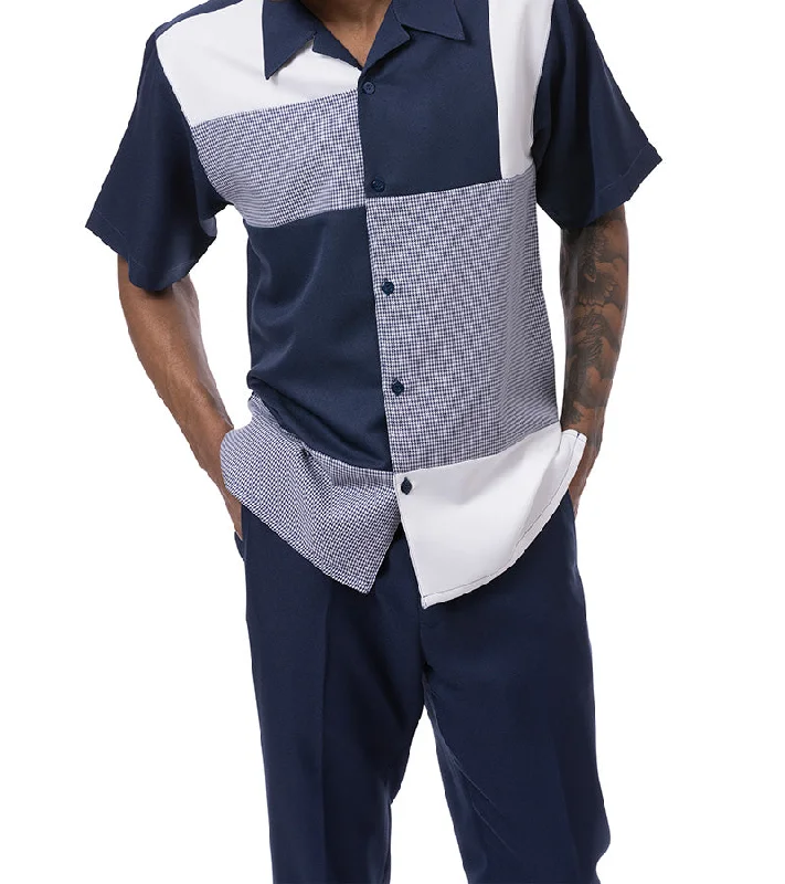 Urban Design Sense Navy Color Block Tone-on-tone Walking Suit 2 Piece Short Sleeve Set Urban Design Sense Navy Color Block Tone-on-tone Walking Suit 2 Piece Short Sleeve Set