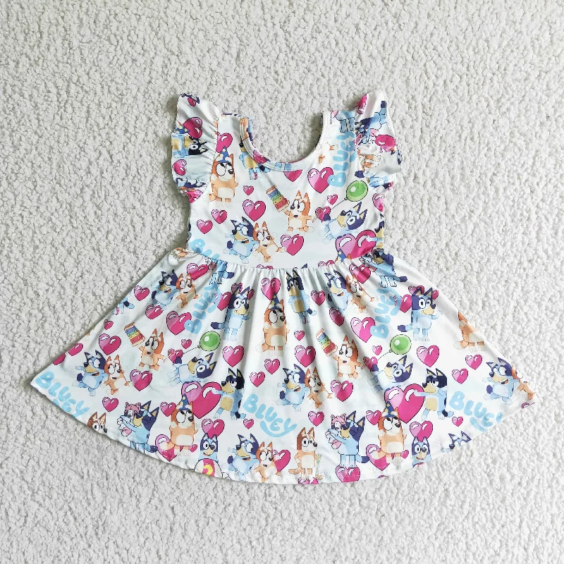 Weekend Comfort Wear C10-02  Blue Dog Cartoon Girls Short Sleeve Dresses